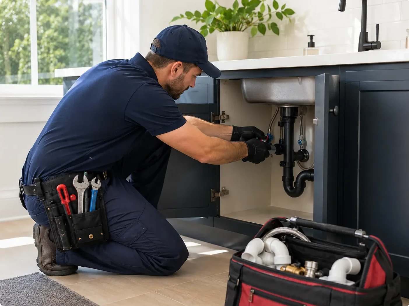 Plumber repairing pipes beneath a kitchen sink