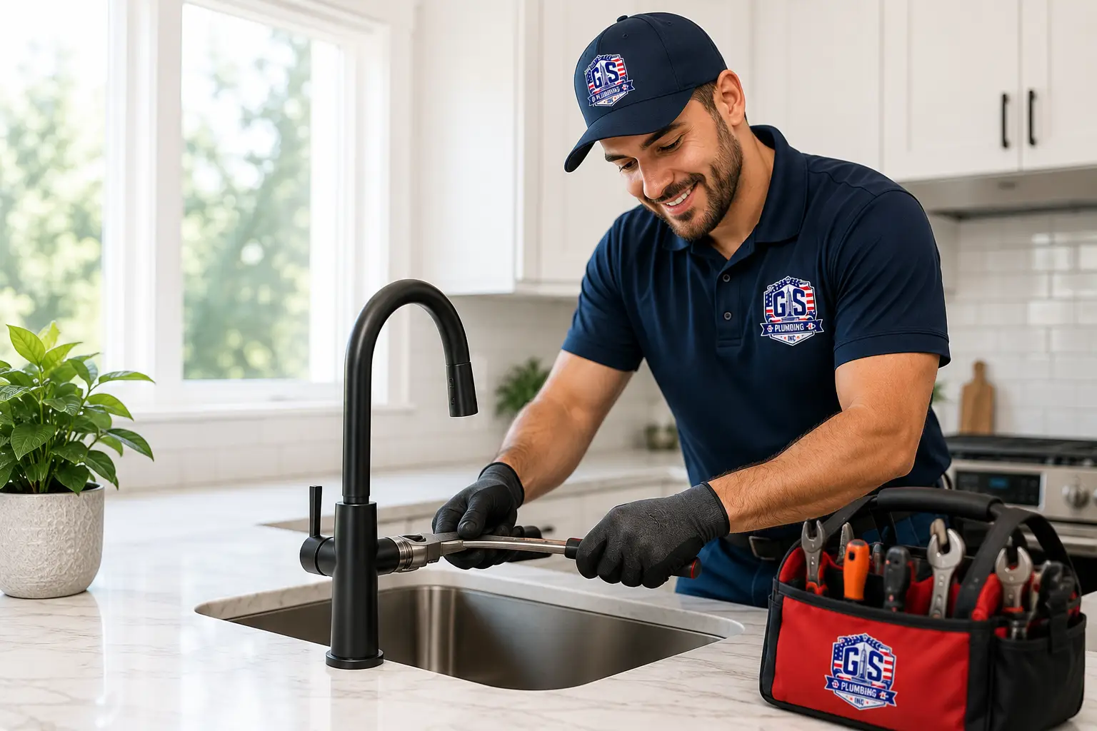 GS Plumbing 1 Inc. plumber repairing a kitchen faucet
