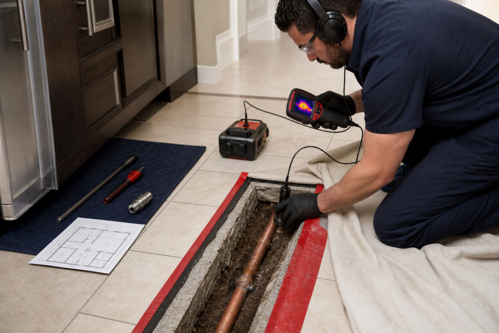 Technician uses thermal and acoustic tools beside a controlled floor access opening exposing an under-slab copper water line