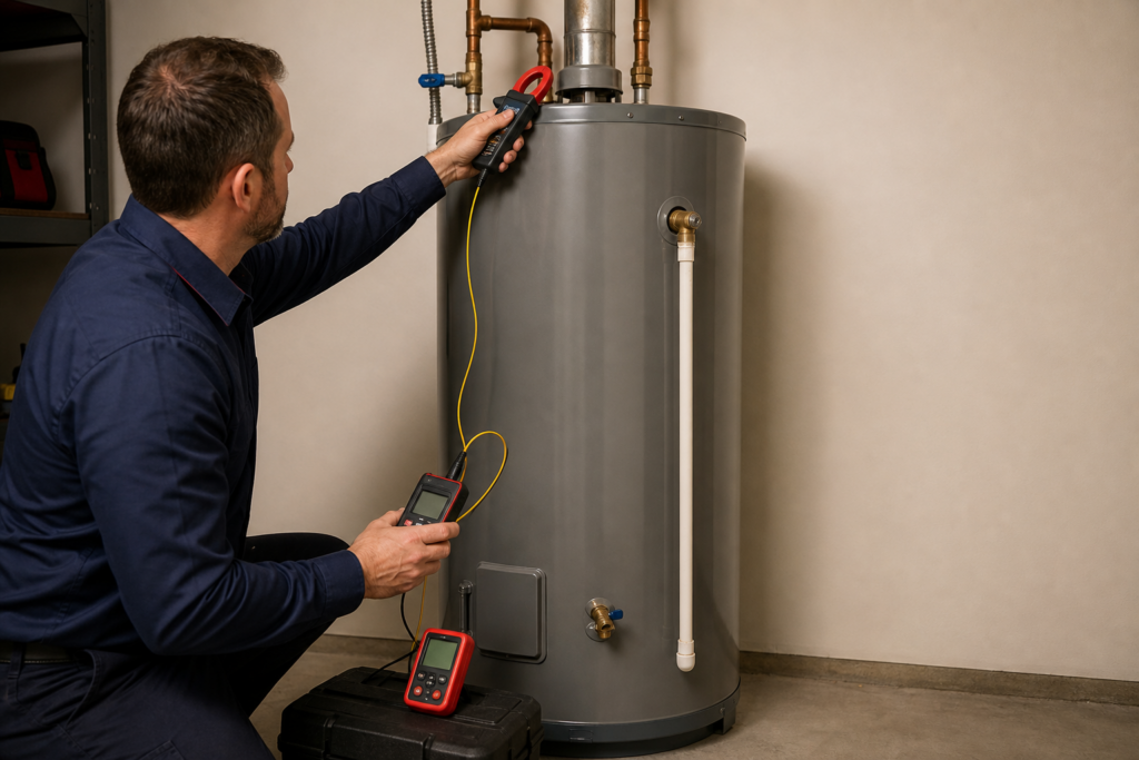 Clamp temperature probe measuring recovery at the hot outlet of a conventional tank water heater